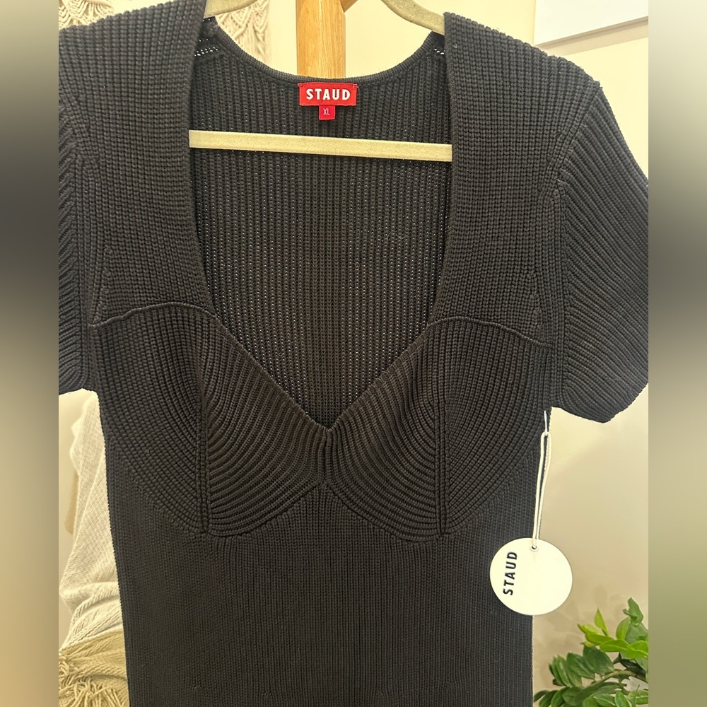 Staud Camden Dress XL Black Rib Knit Bustier Midi Dress Stretch NWT - Picture 4 of 8